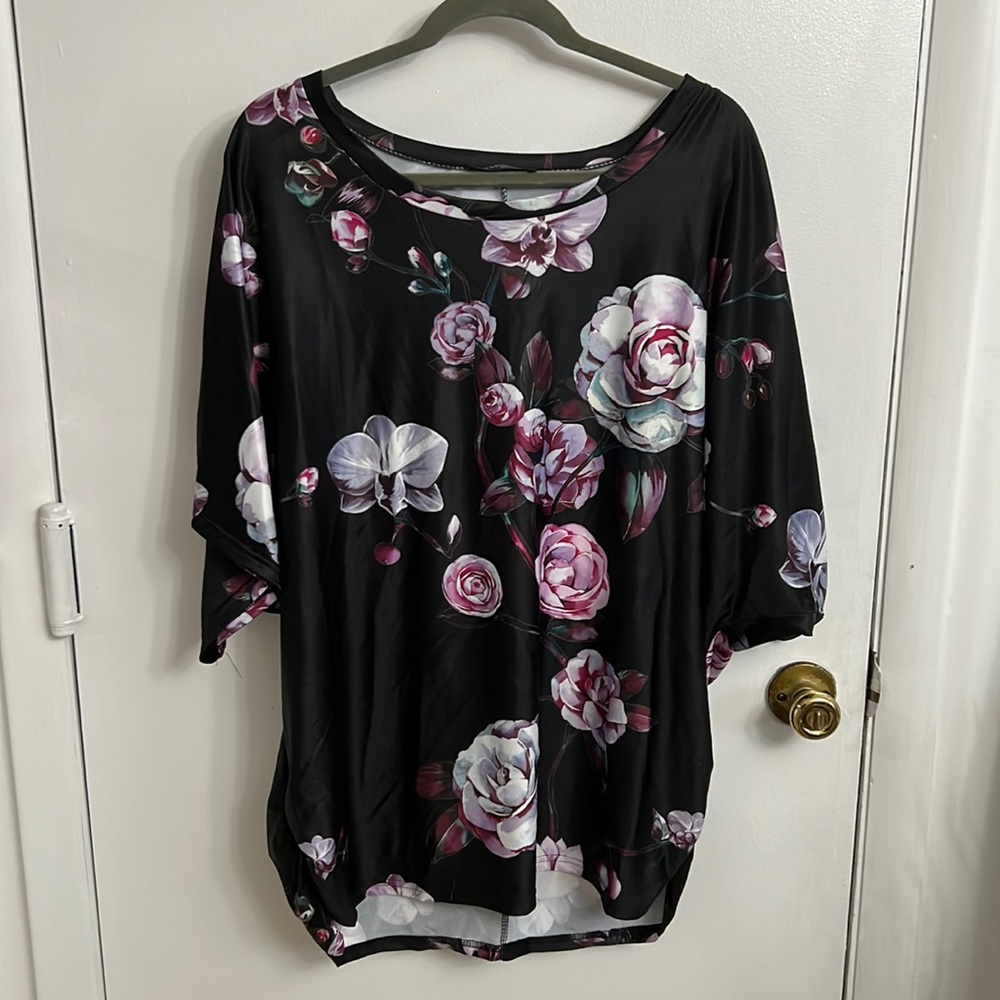 Black Purple Floral Dolman Sleeve Blouse | 3xl